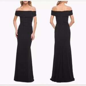 La Femme Evening‎ Gown Women's Size 14 Black Beaded Ruched Off Shoulder